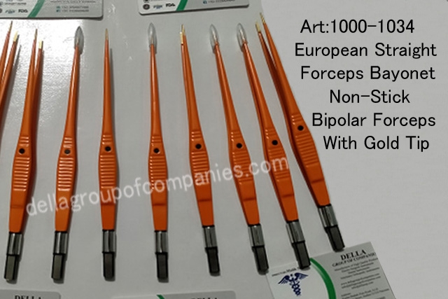 European Straight Forceps Bayonet Non-Stick  Bipolar Forceps -With Gold Tip 