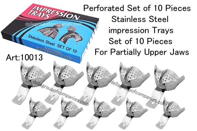 Perforated Set of 10 Pieces Stainless Steel impression trays.  For Partially Upper Jaws