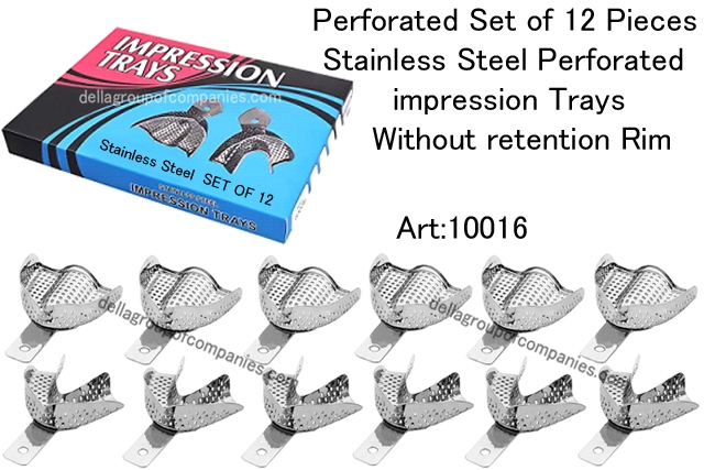 Perforated Set of 12 Pieces Stainless Steel Perforated impression trays without retention Rim