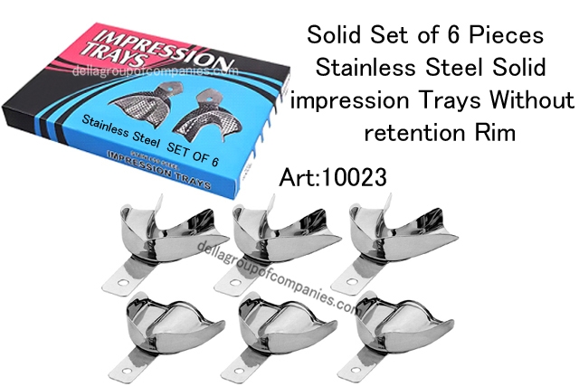 Solid Set of 6 Pieces Stainless Steel Solid impression trays without retention Rim